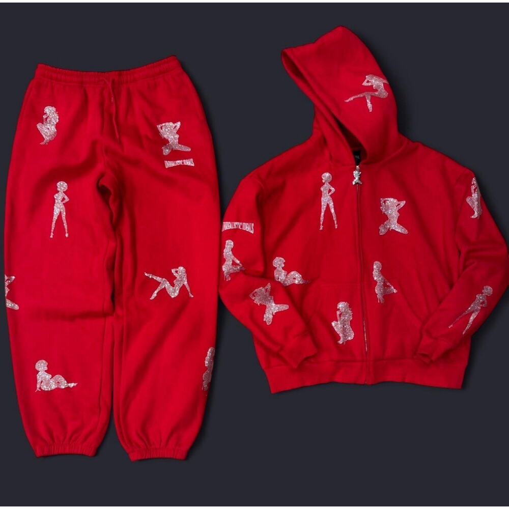 NEW Named Collective Red Rhinestone Hoodie Sweatpants Set Unrealistic Ideals M/L